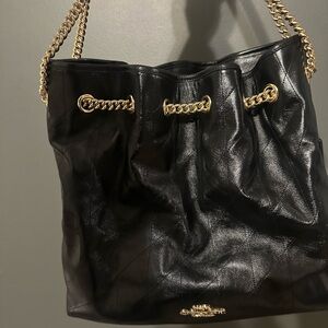 Large Black Leather Chain Shoulder Bag Evelyn REAL